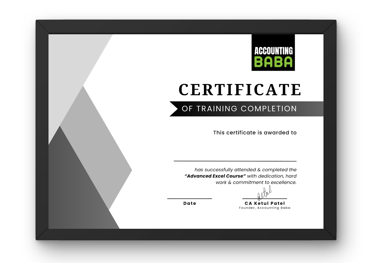 Excel Mastery Course Completion Certificate - Accounting Baba Surat